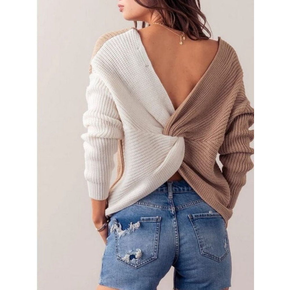 Women's LOVE TREE Beige & White Colorblock V-Neck Sweater M NWOT Open Back